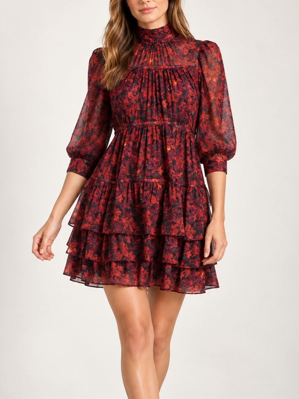 Cinq à Sept Riva Stargazer Lilies Floral Tiered Ruffle Mini Dress Red XS 0